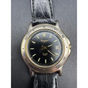 Precision By Gruen Sport Two Tone Watch 321-2115 Black Dial Leather Band